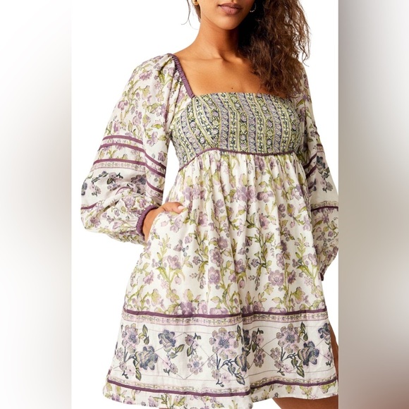 Free People Endless Afternoon Mini Dress Ivory Purple Green Floral Size Medium - Picture 3 of 9